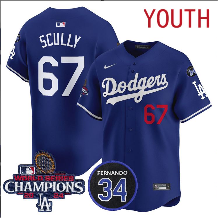 Youth  MLB Los Angeles Dodgers #67 Scully blue2024 World Series Champions Patch Limited Jersey style 4->youth mlb jersey->Youth Jersey
